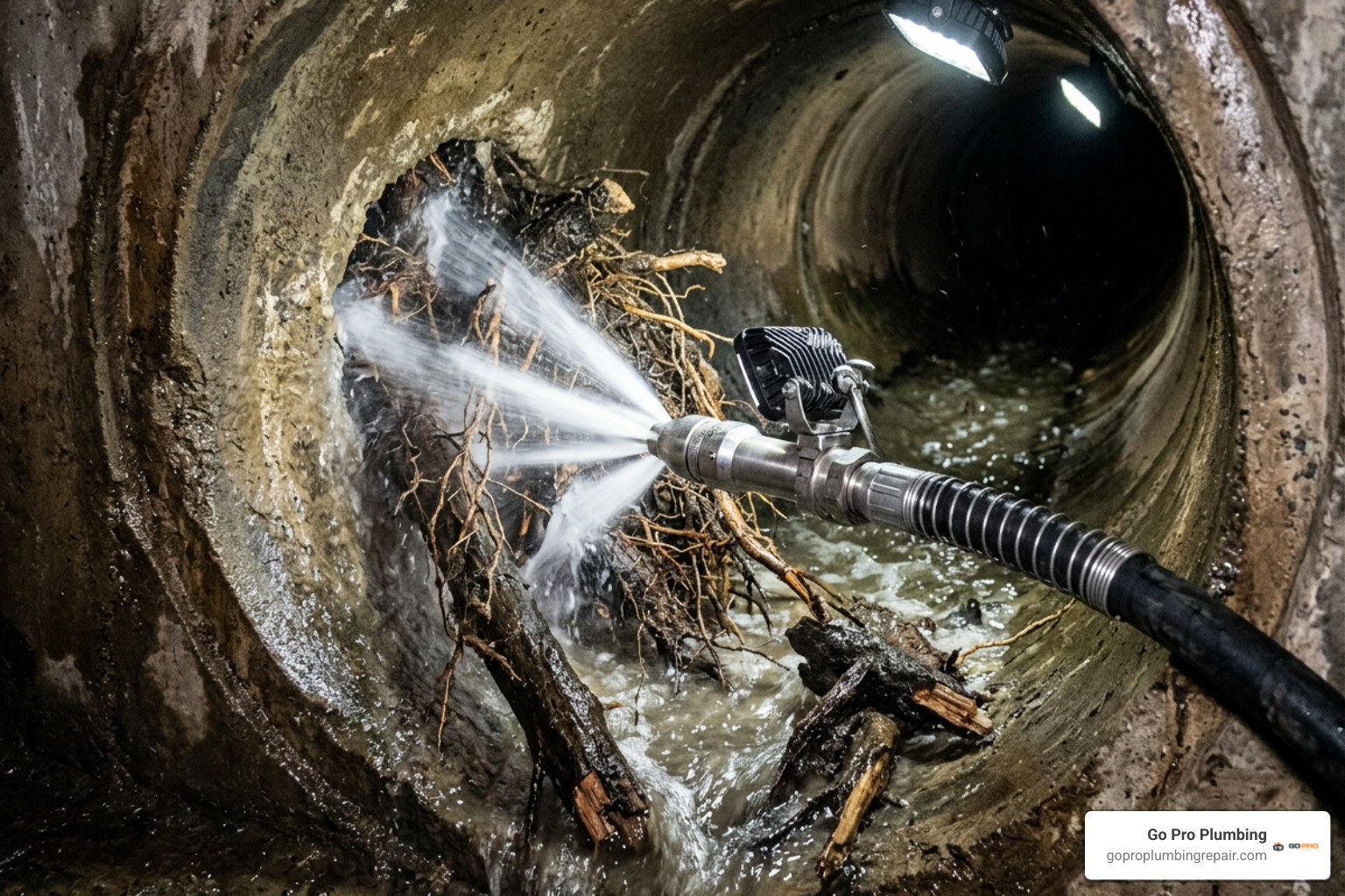 hydro jetting equipment clearing tree root intrusion from a sewer pipe