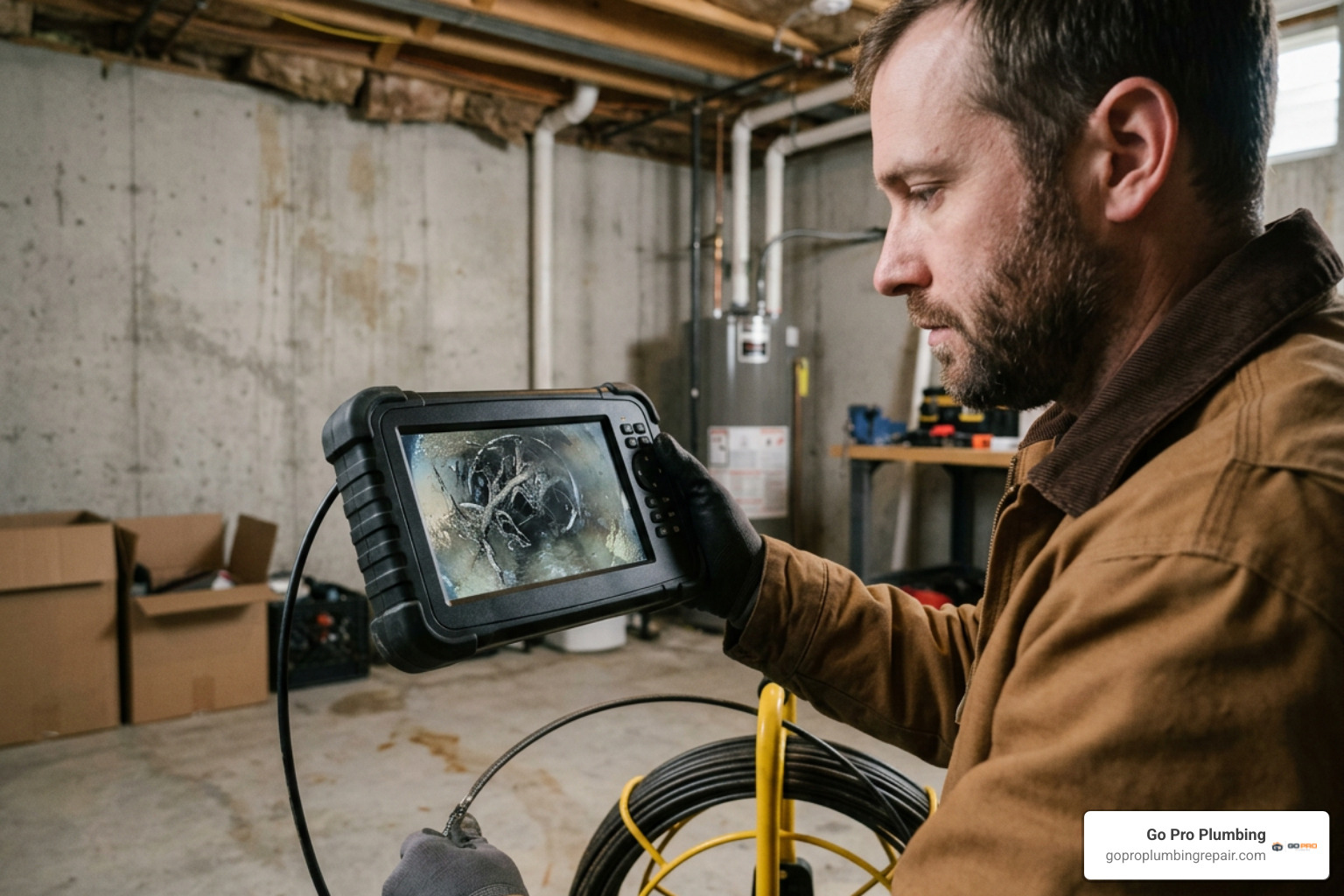 sewer camera monitor showing a blocked residential pipe