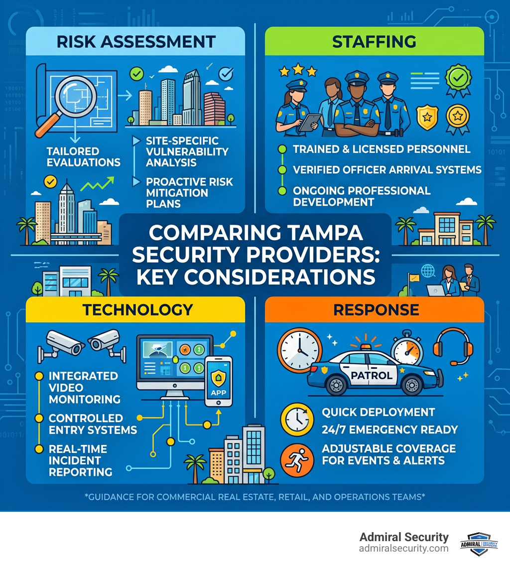 Infographic comparing Tampa security providers by risk assessment staffing technology and response infographic Infographic comparing Tampa security providers by risk assessment staffing technology and response infographic