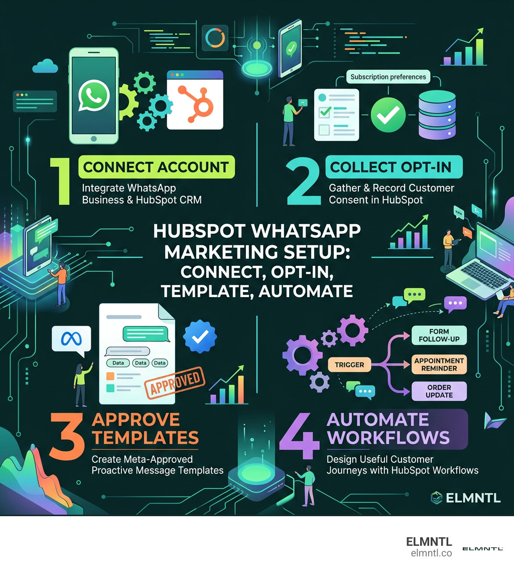 HubSpot WhatsApp marketing setup: connect account, collect opt-in, approve templates, automate workflows infographic HubSpot WhatsApp marketing setup: connect account, collect opt-in, approve templates, automate workflows infographic