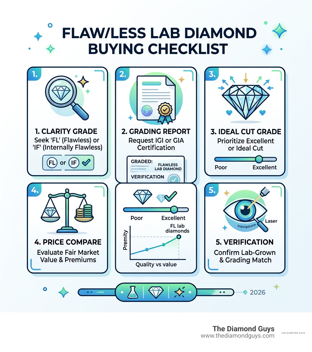 Flawless lab diamond buying checklist: clarity grade, report, cut, price, and verification infographic Flawless lab diamond buying checklist: clarity grade, report, cut, price, and verification infographic