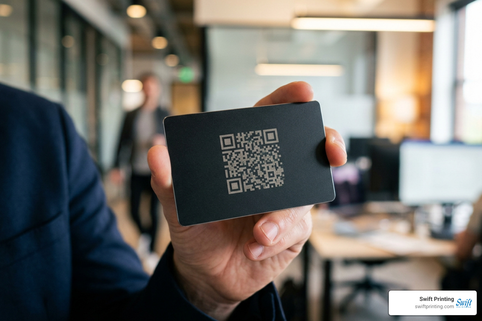 Close up of matte black laser engraved metal business card