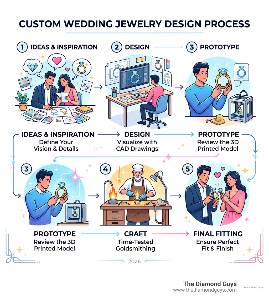 Wedding jewelry custom design process: ideas, design, prototype, craft, and final fitting infographic Wedding jewelry custom design process: ideas, design, prototype, craft, and final fitting infographic