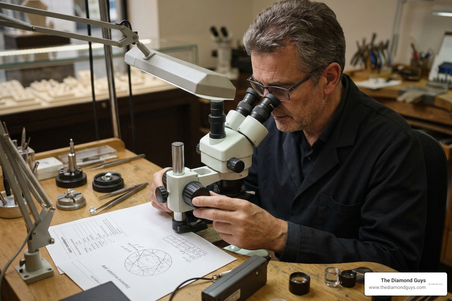 Jeweler examining diamond inclusion plot and laser inscription under magnification Jeweler examining diamond inclusion plot and laser inscription under magnification