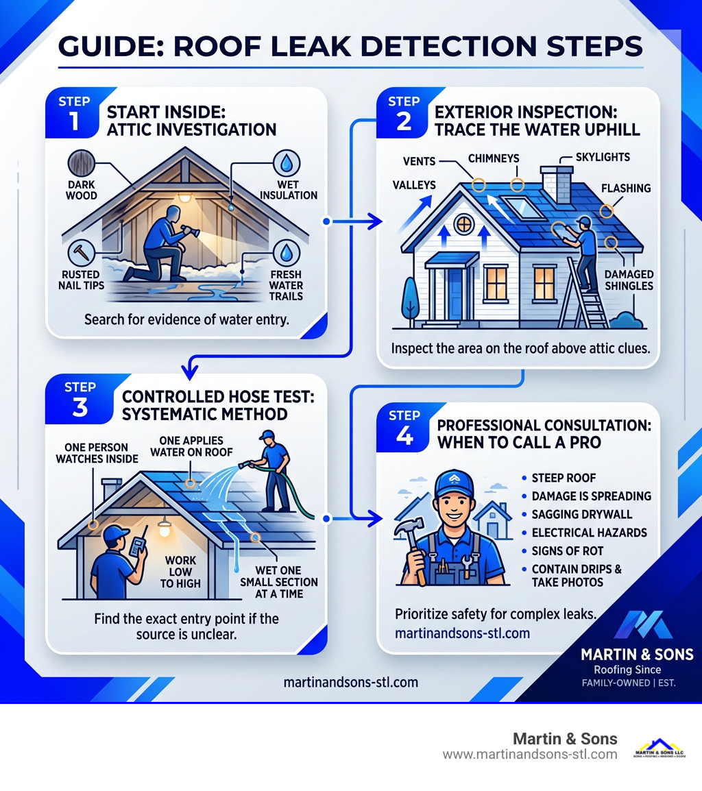 Roof leak detection steps from attic clues to controlled roof testing infographic Roof leak detection steps from attic clues to controlled roof testing infographic