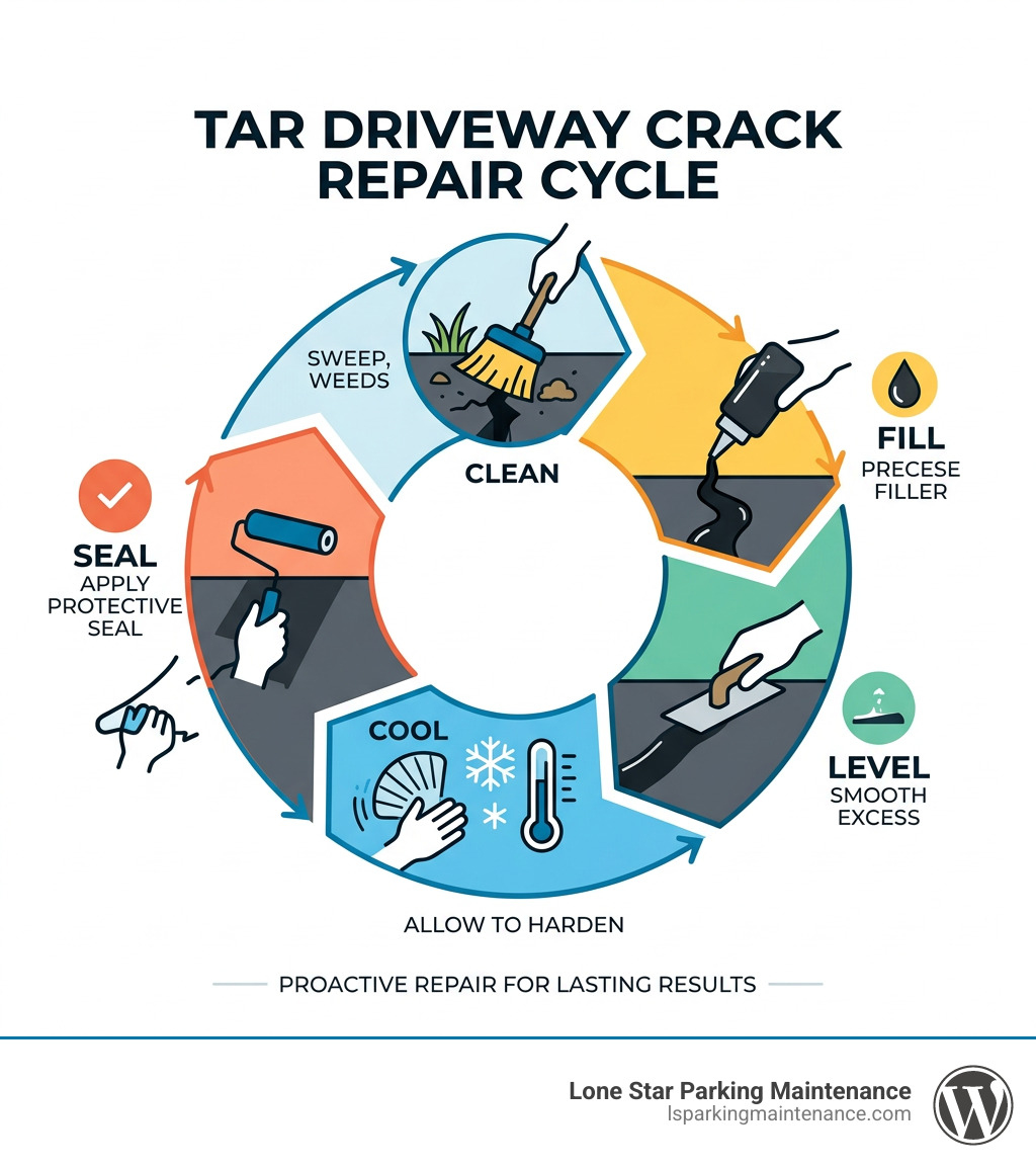 Tar driveway crack repair cycle: clean, fill, level, cool, seal infographic