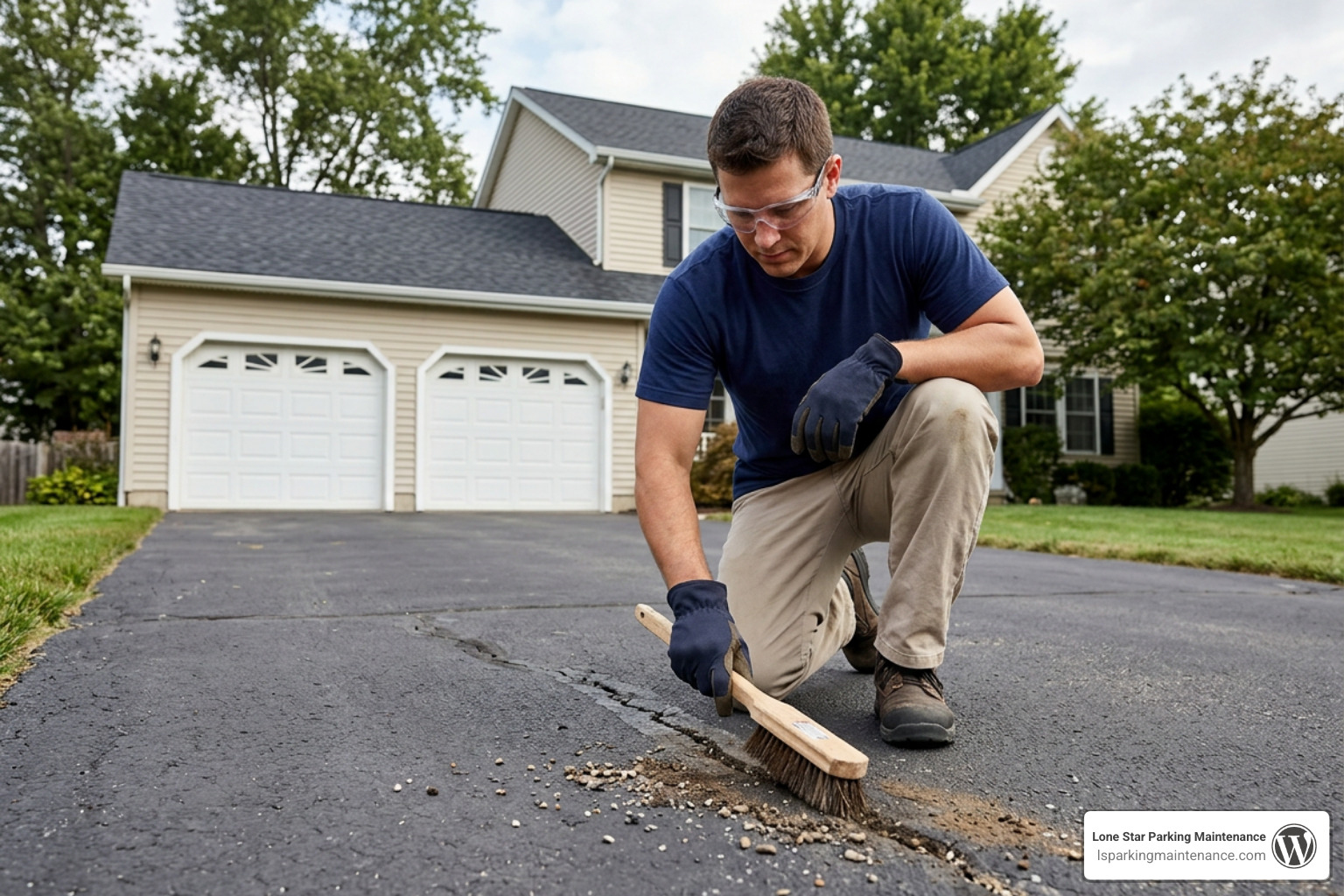 preparing and clearing driveway cracks with a wire brush and safety gear