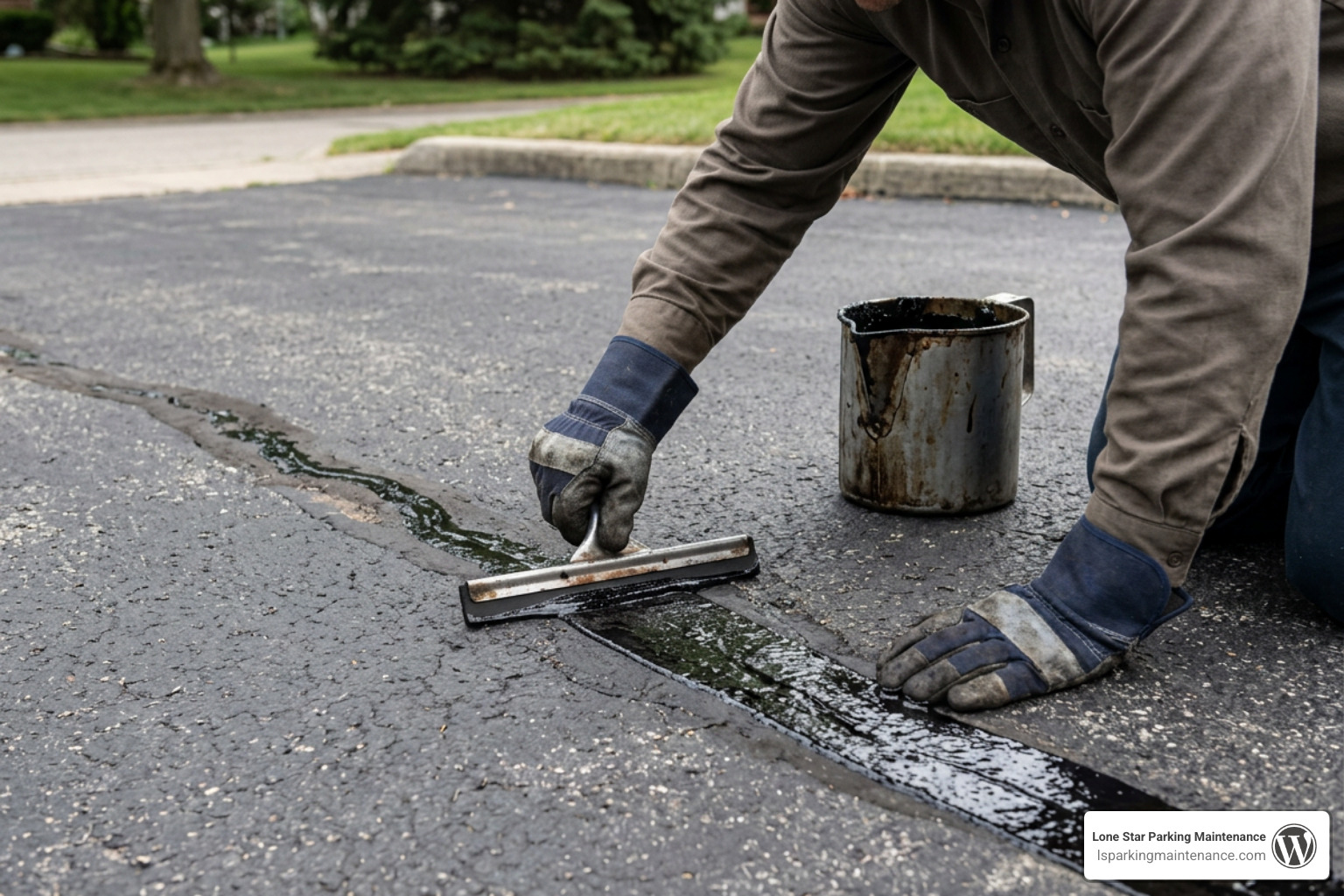 U-channel squeegee leveling hot tar crack filler across asphalt