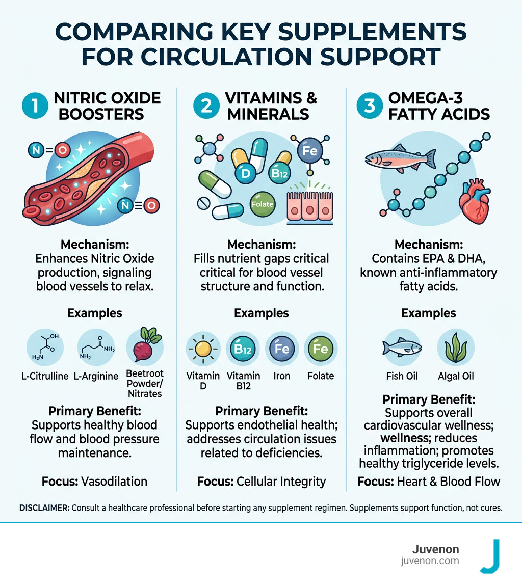 Infographic comparing nitric oxide boosters vitamins and omega-3 circulation support infographic