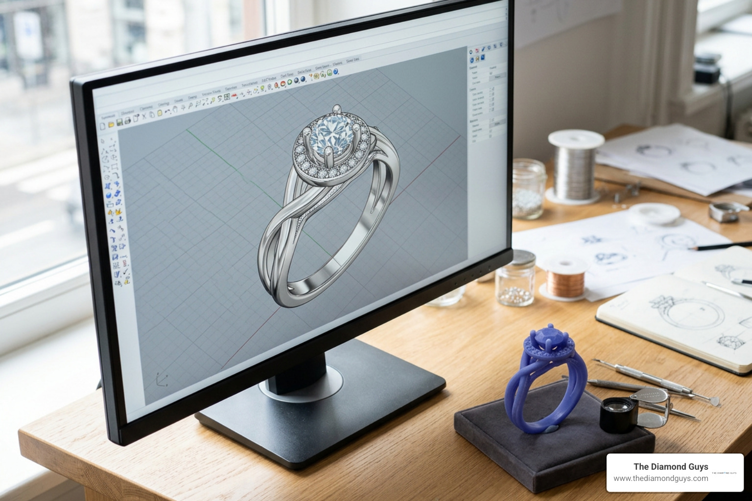 3D CAD ring rendering next to a 3D-printed wax model 3D CAD ring rendering next to a 3D-printed wax model