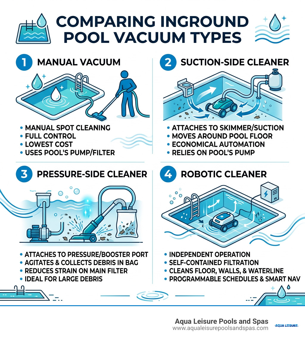 Inground pool vacuum types: manual, suction-side, pressure-side, and robotic infographic Inground pool vacuum types: manual, suction-side, pressure-side, and robotic infographic