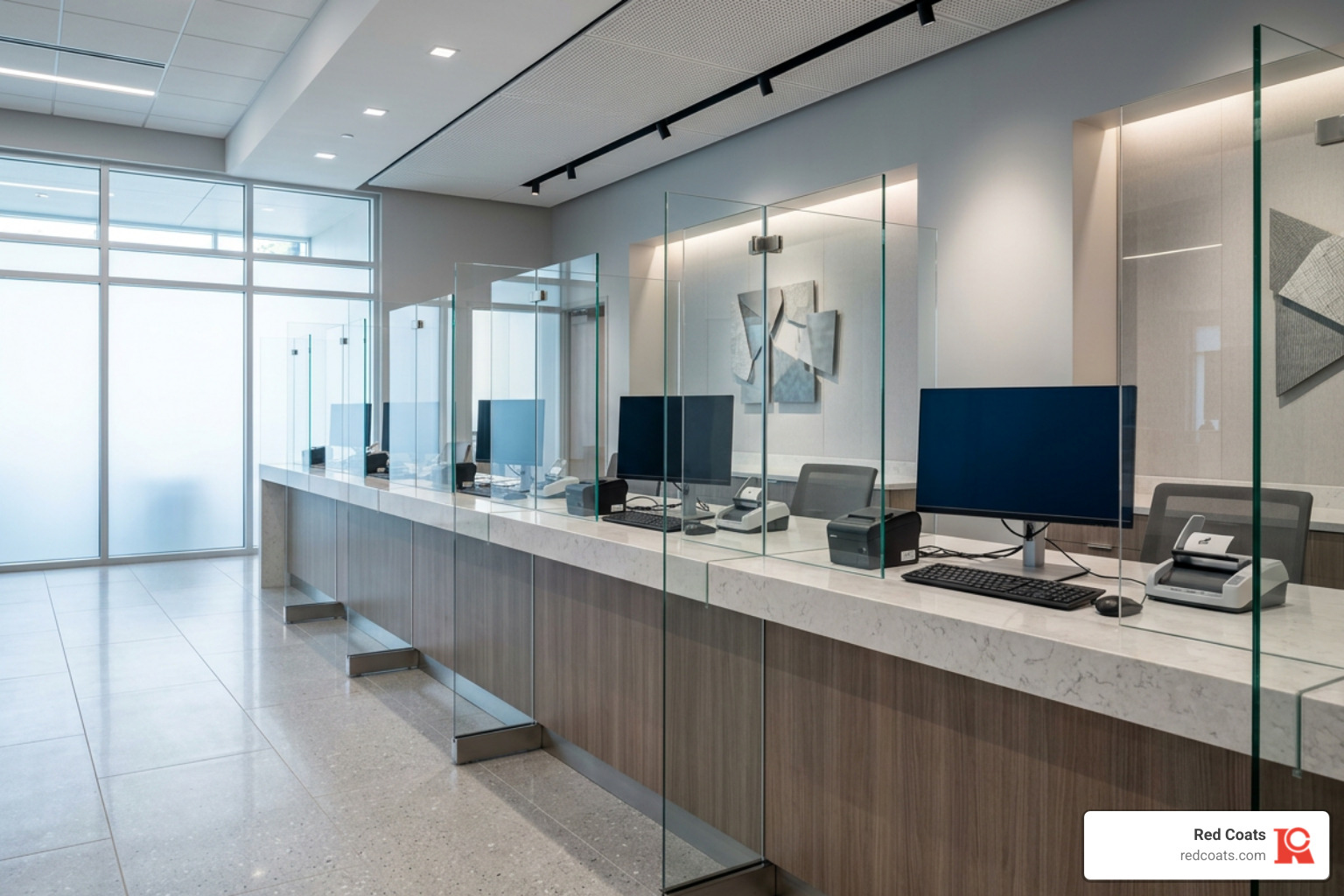 Sanitized bank teller line with glass partitions