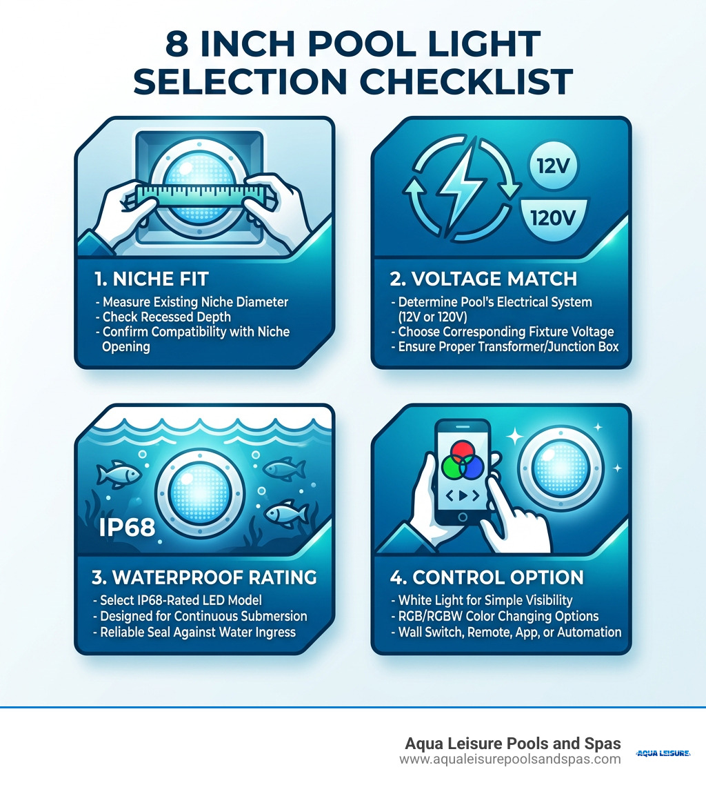 8 inch pool light selection checklist: niche fit, voltage, waterproof rating, control infographic
