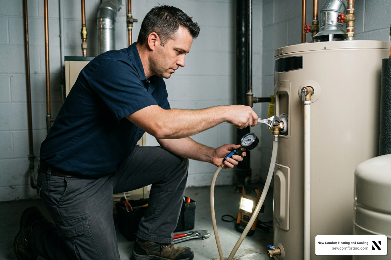 Technician testing a water heater temperature and pressure relief valve Technician testing a water heater temperature and pressure relief valve