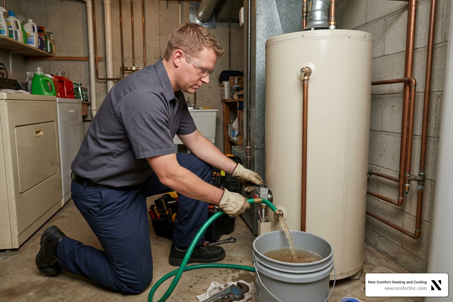 Certified technician flushing a residential gas water heater tank Certified technician flushing a residential gas water heater tank