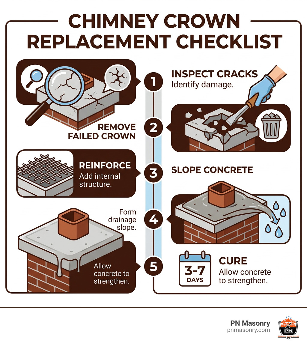 Chimney crown replacement checklist: inspect cracks, remove failed crown, reinforce, slope concrete, cure infographic Chimney crown replacement checklist: inspect cracks, remove failed crown, reinforce, slope concrete, cure infographic