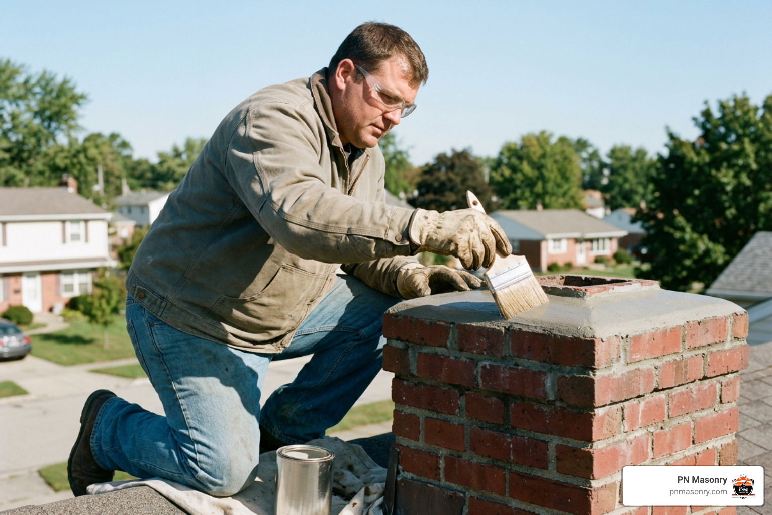 Mason applying water repellent sealant to cured concrete chimney crown Mason applying water repellent sealant to cured concrete chimney crown