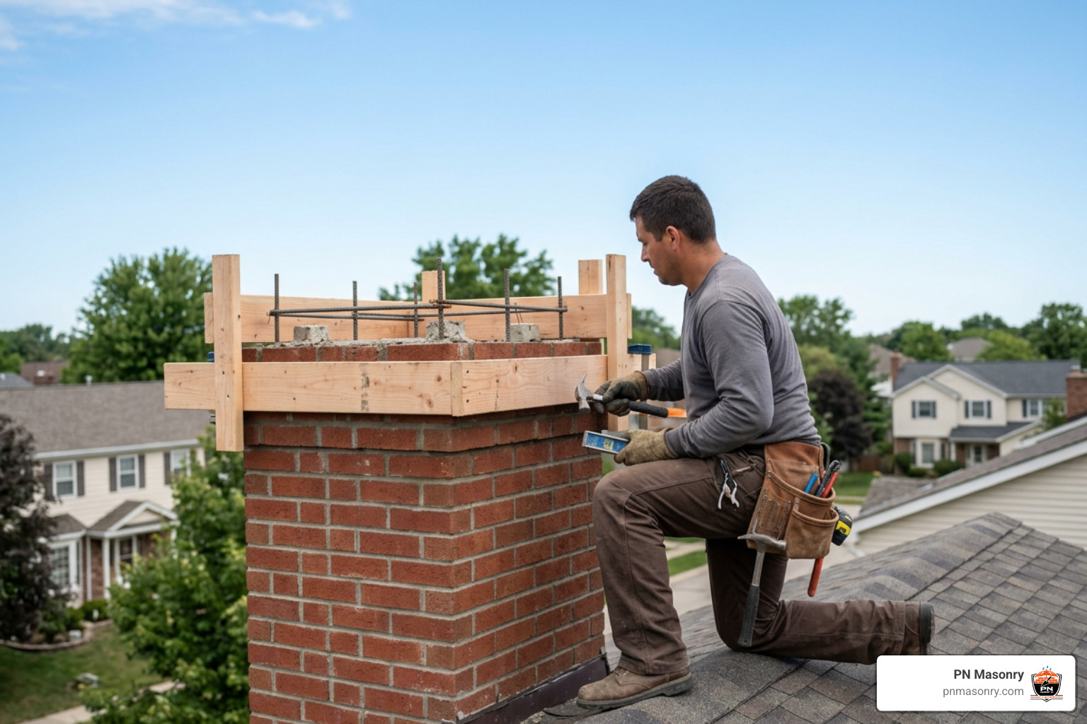 Mason setting up wood forms and rebar grid on a chimney top Mason setting up wood forms and rebar grid on a chimney top