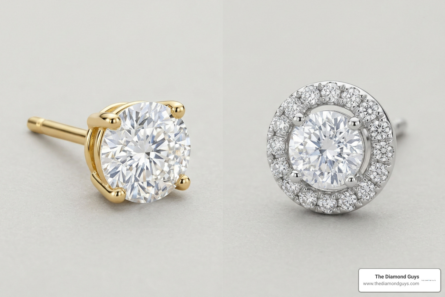 Comparison between round brilliant solitaire studs and halo diamond settings Comparison between round brilliant solitaire studs and halo diamond settings