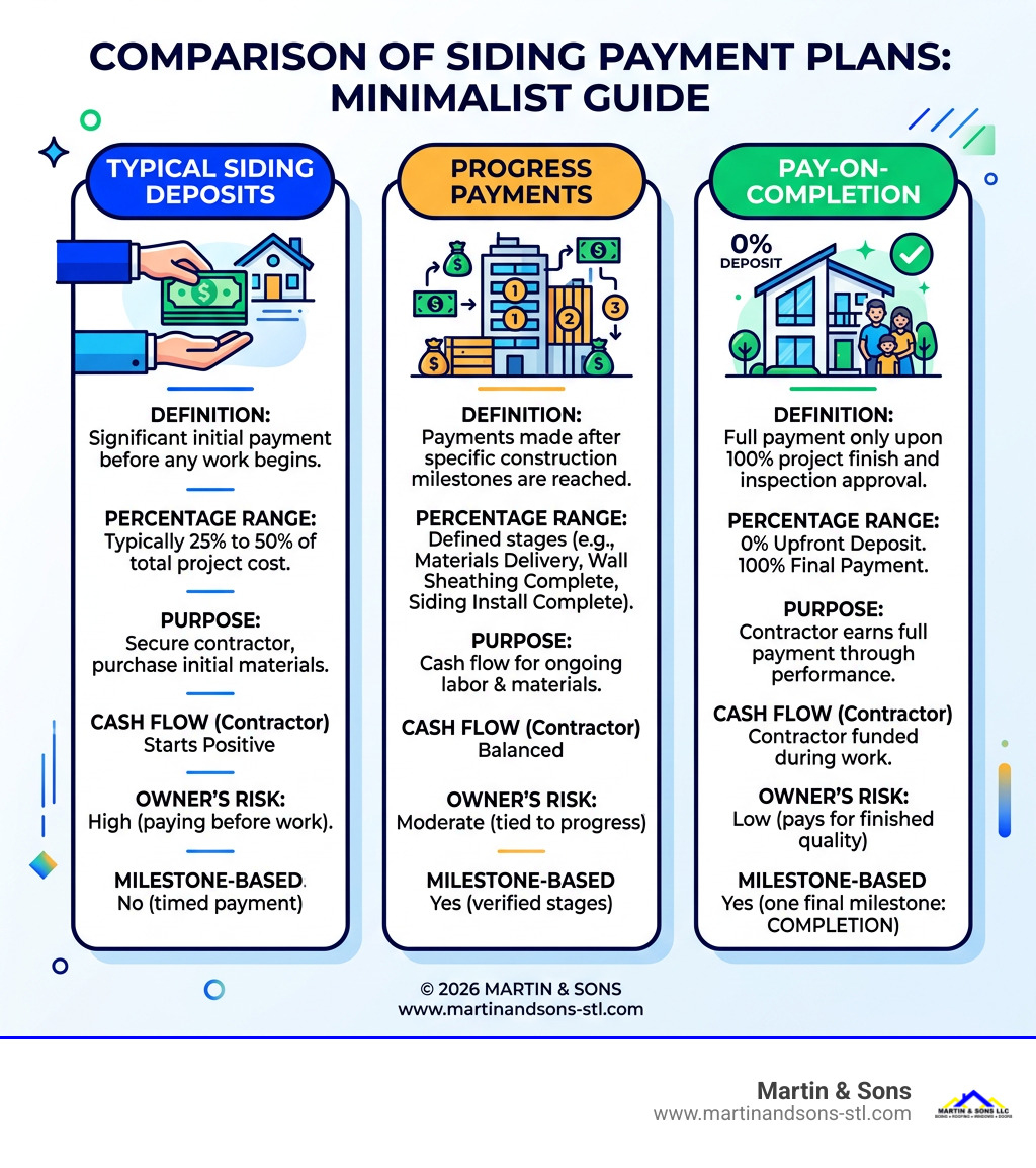 Comparison of typical siding deposits, progress payments, and pay-on-completion plans infographic Comparison of typical siding deposits, progress payments, and pay-on-completion plans infographic