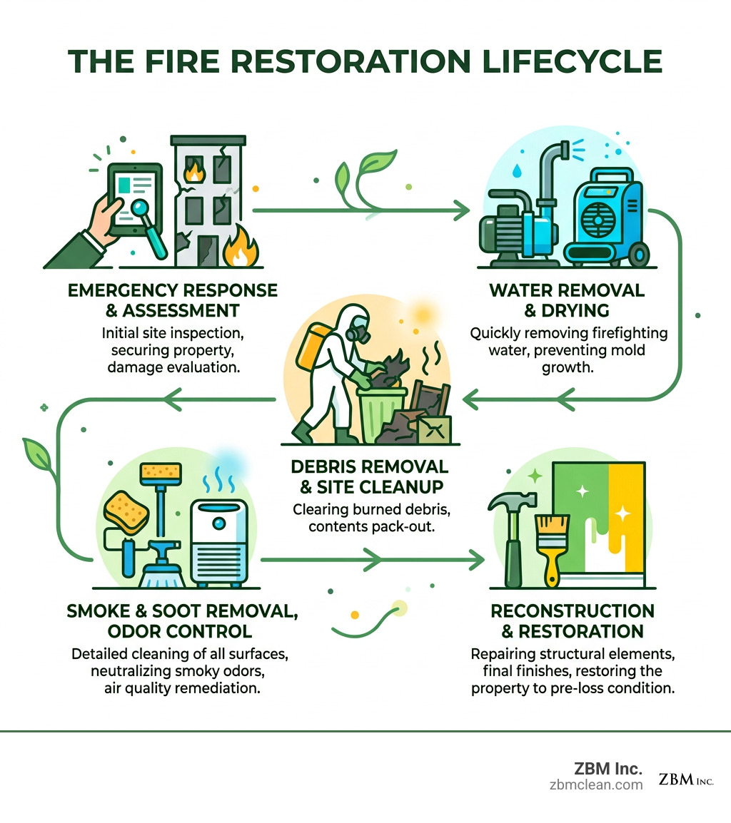 Fire restoration lifecycle from emergency assessment through cleaning and reconstruction infographic Fire restoration lifecycle from emergency assessment through cleaning and reconstruction infographic