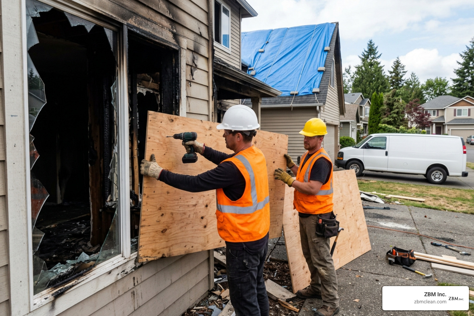 technicians boarding up windows and tarping a damaged roof technicians boarding up windows and tarping a damaged roof