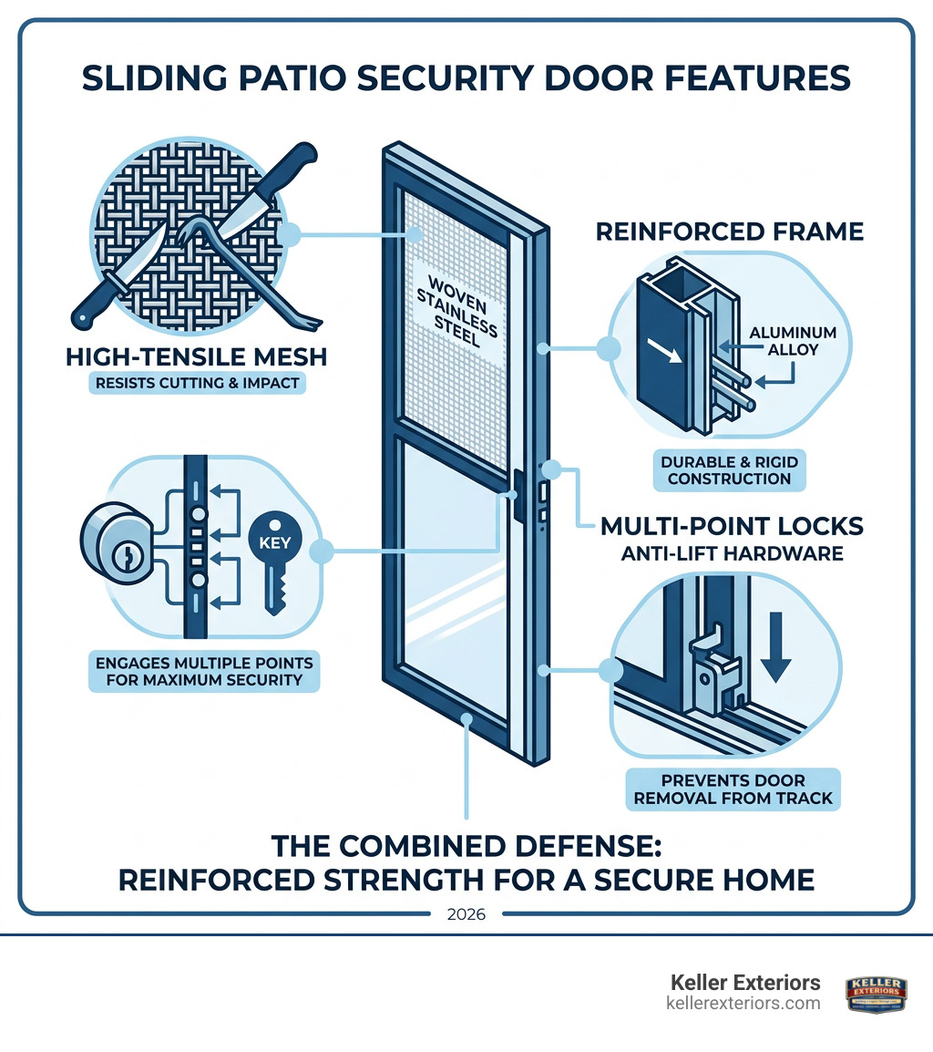 Sliding patio security door features: mesh, frame, locks, anti-lift hardware infographic