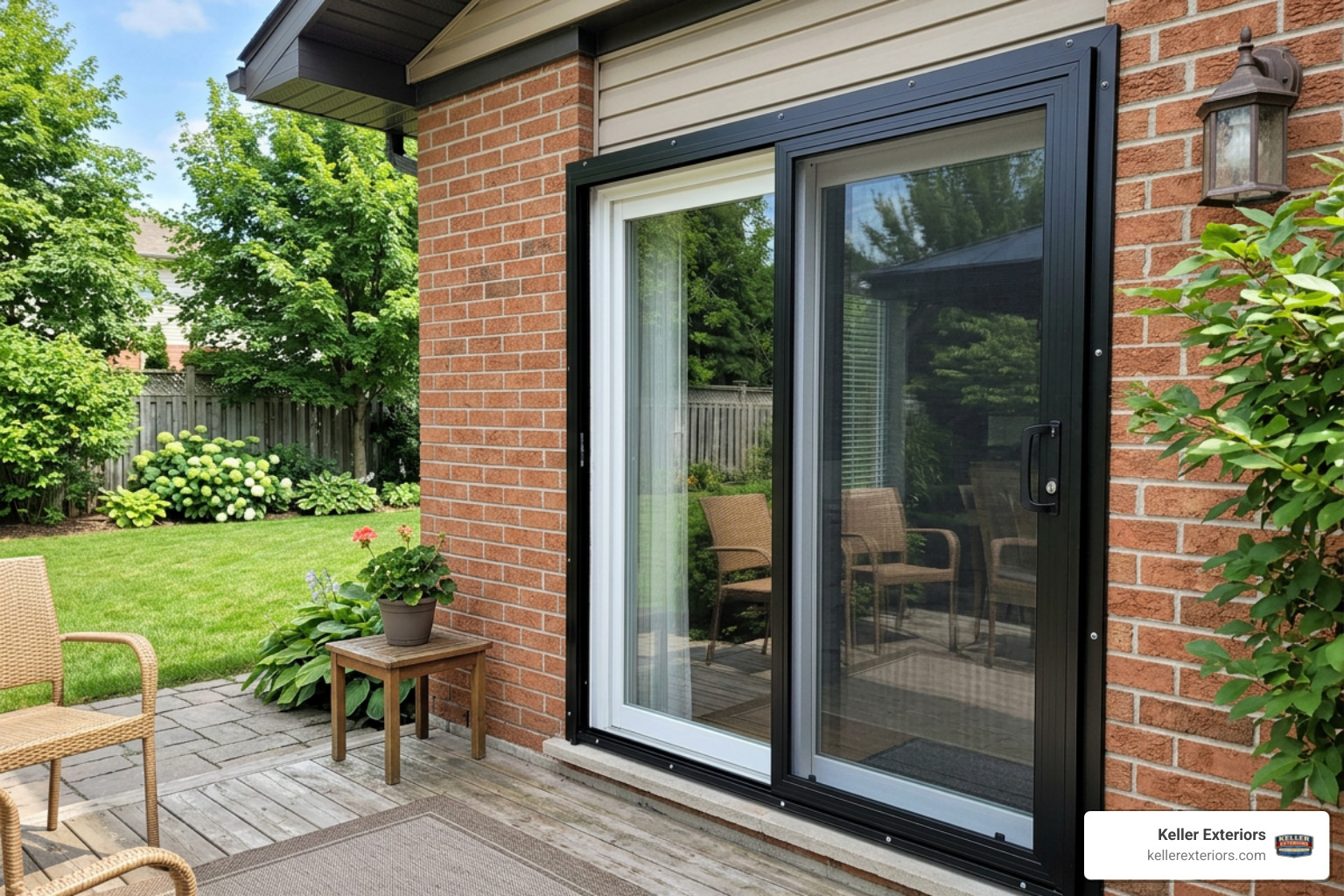 Modern face-mount sliding security screen installed over patio door frame