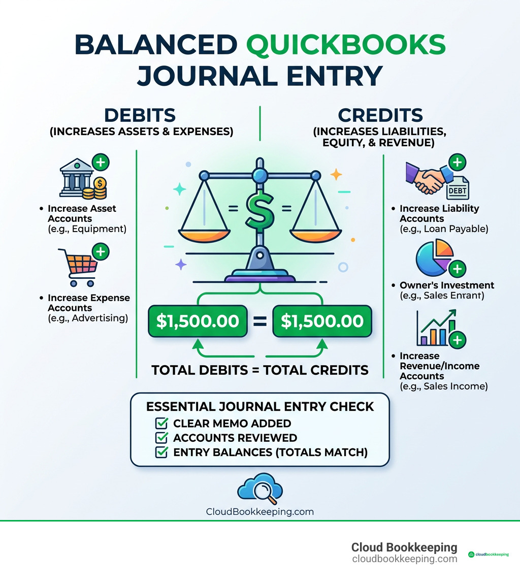 Infographic showing balanced debits and credits for a QuickBooks journal entry infographic