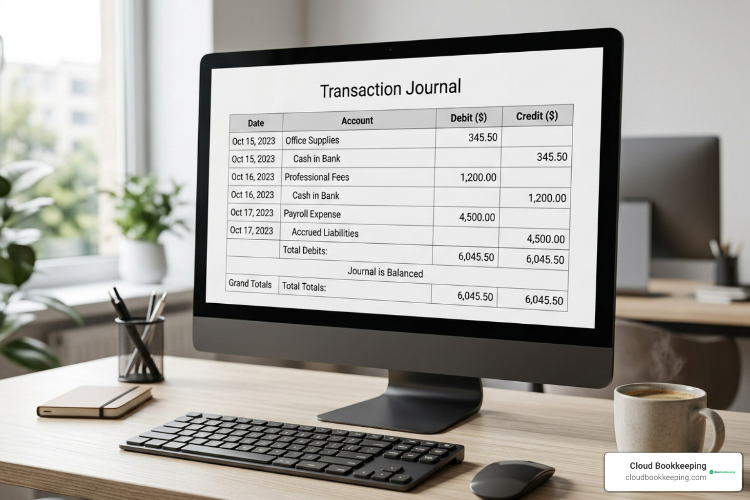 QuickBooks Transaction Journal report displaying debits and credits