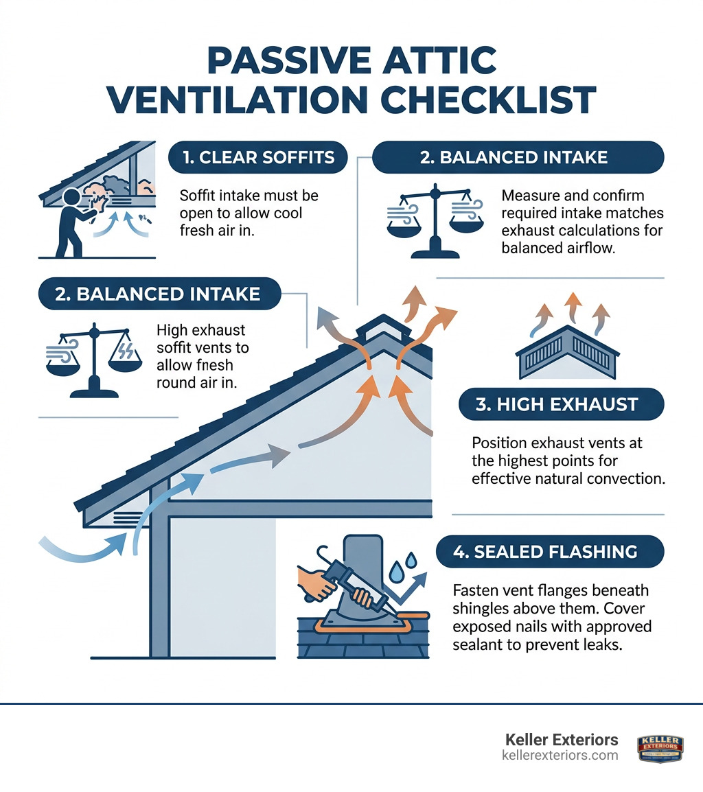 Passive attic ventilation checklist: clear soffits, balanced intake, high exhaust, sealed flashing infographic Passive attic ventilation checklist: clear soffits, balanced intake, high exhaust, sealed flashing infographic