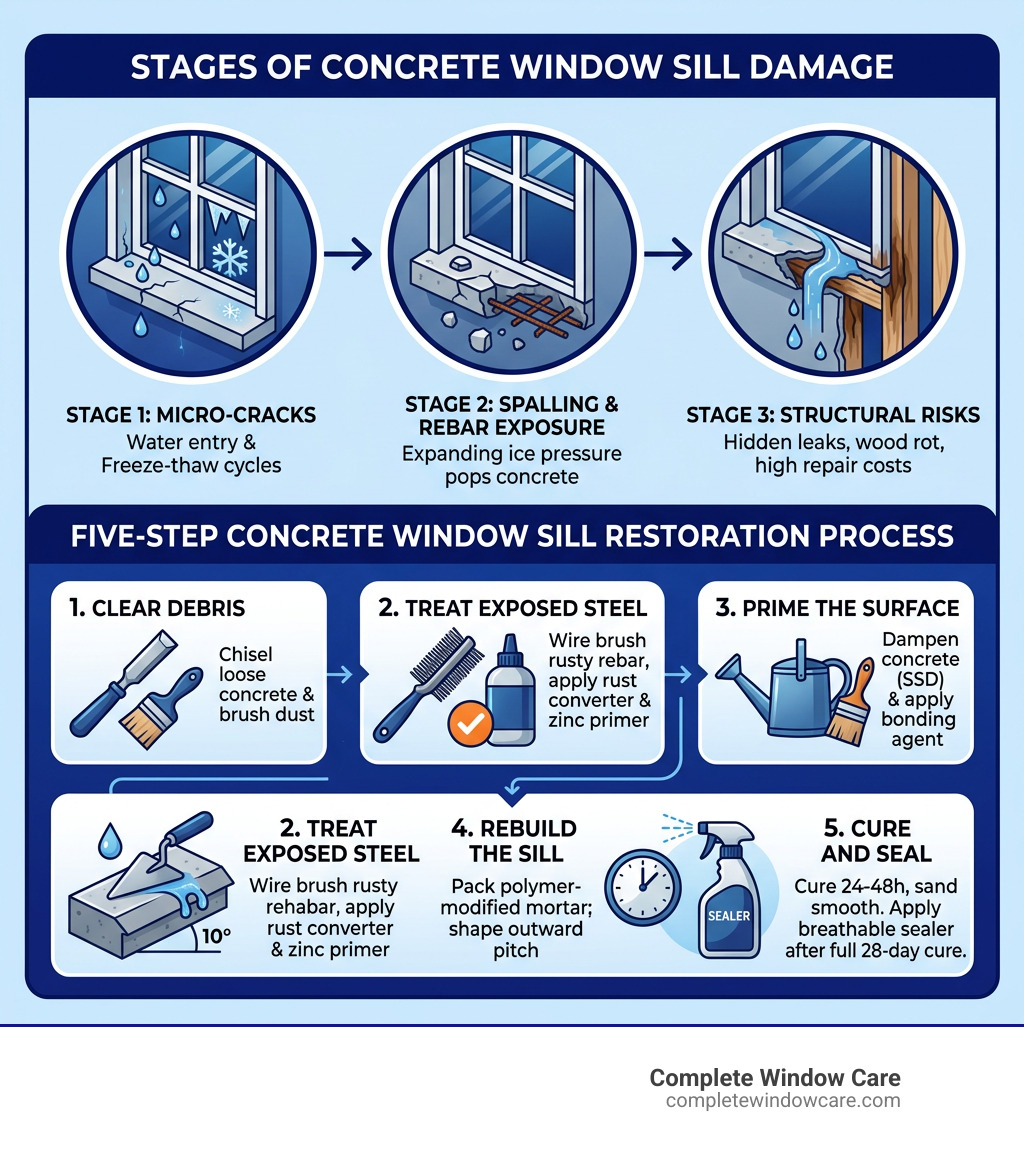 Stages of concrete window sill damage and five step restoration process infographic