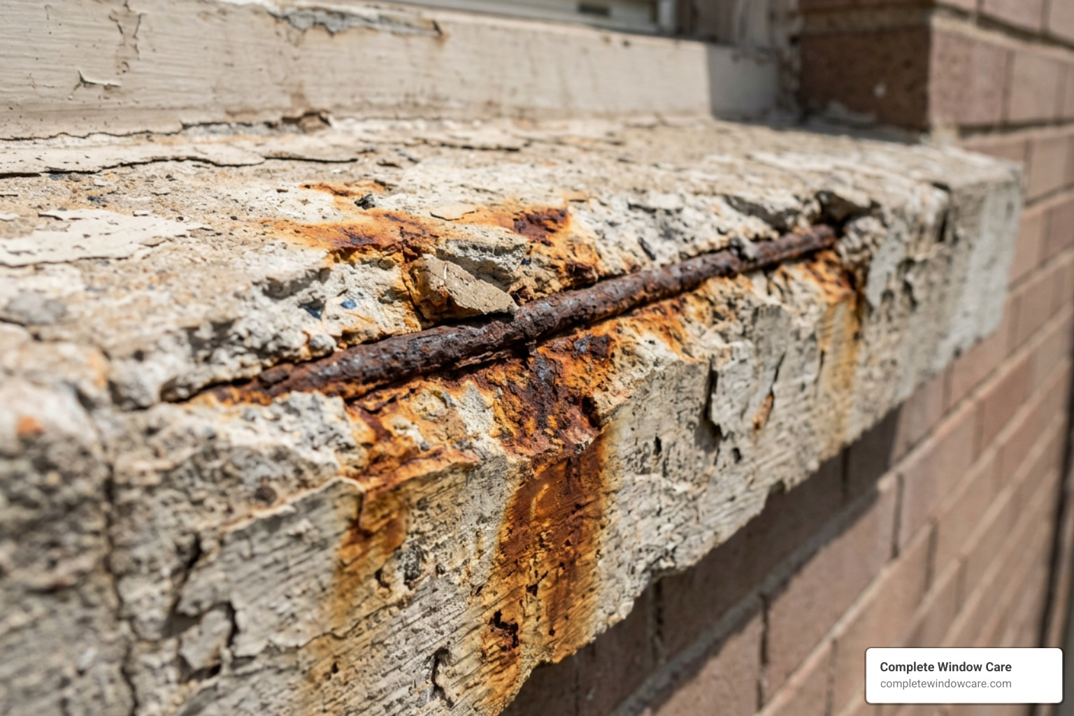 spalled concrete window sill with exposed steel reinforcement