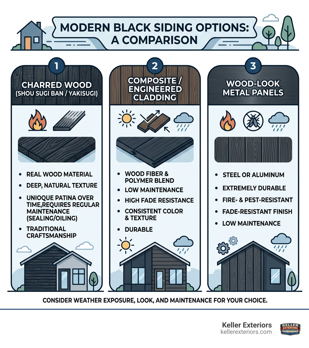 Black wood siding comparison showing charred wood, composite, and metal options infographic