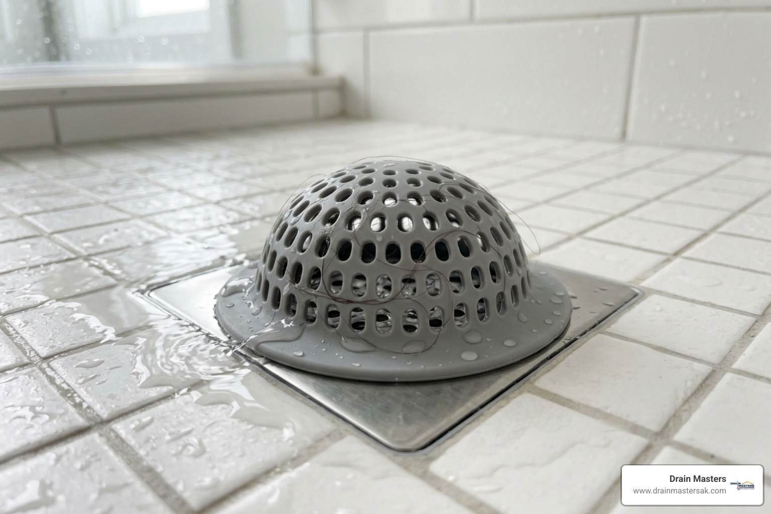 Silicone drain protector catching hair in a clean shower basin