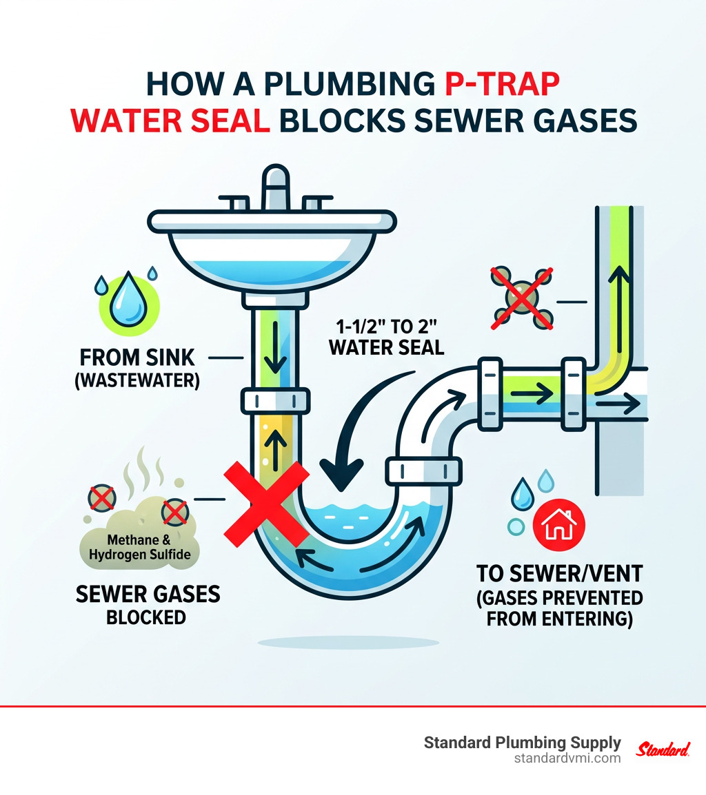 Infographic showing how a plumbing p-trap water seal blocks sewer gases infographic Infographic showing how a plumbing p-trap water seal blocks sewer gases infographic