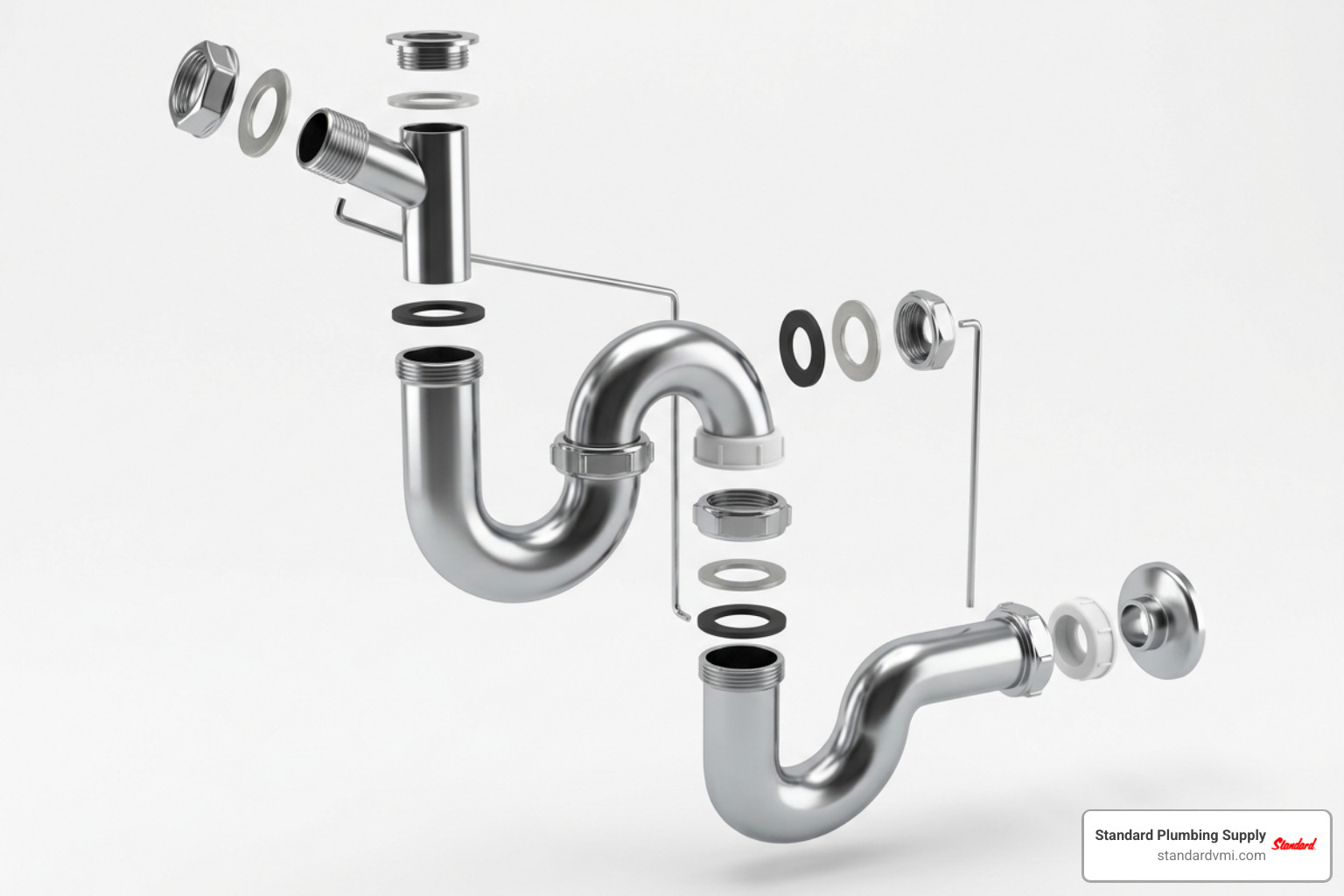 Exploded plumbing p-trap diagram with labeled parts Exploded plumbing p-trap diagram with labeled parts
