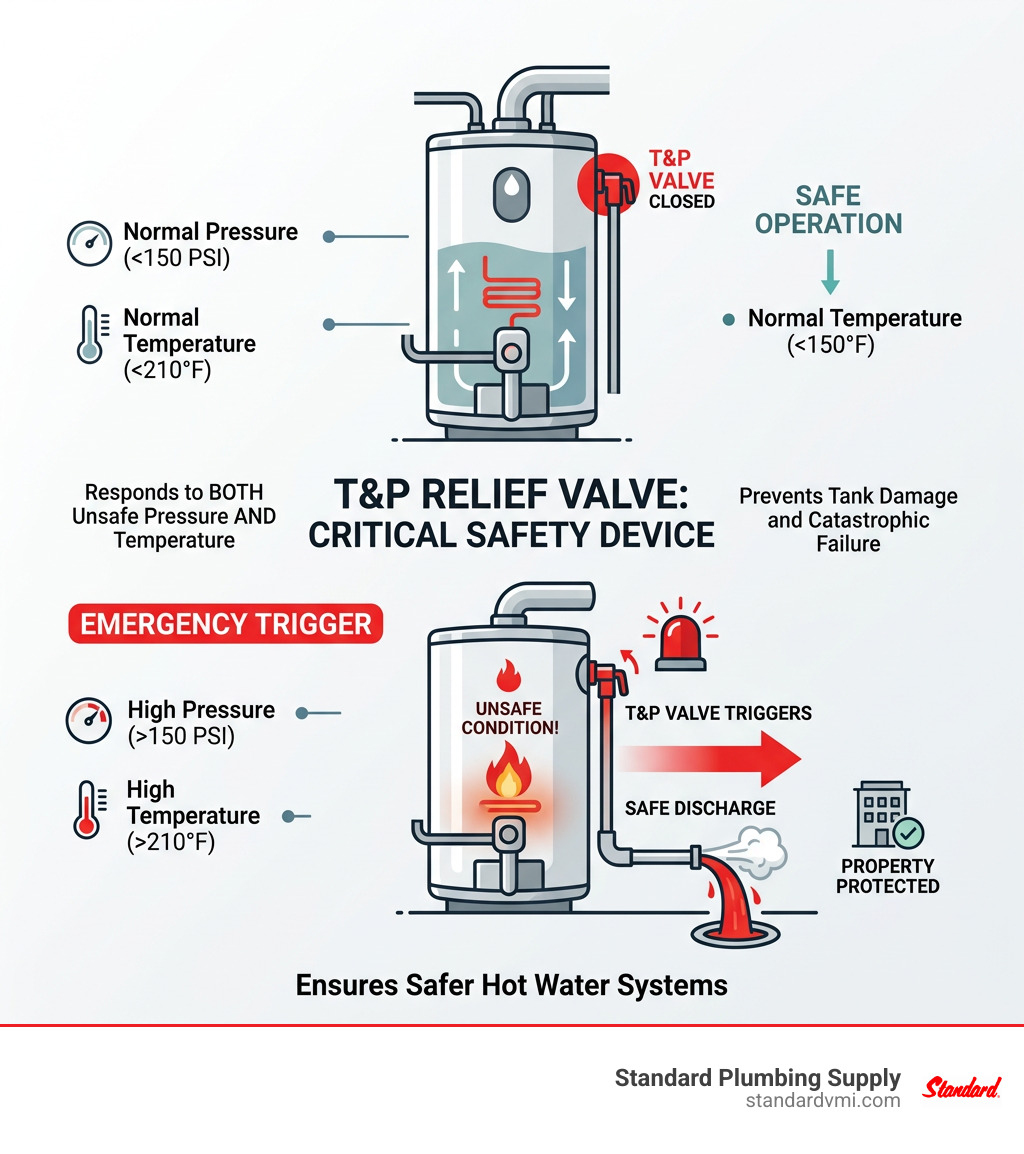 T&P relief valve triggers at unsafe pressure or temperature and discharges water safely infographic