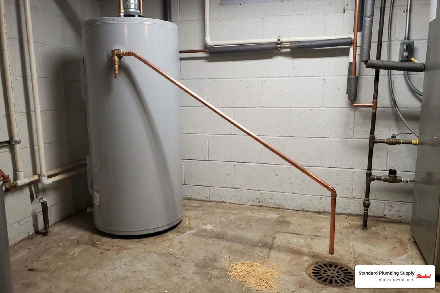 properly piped T&P discharge line terminating near floor drain