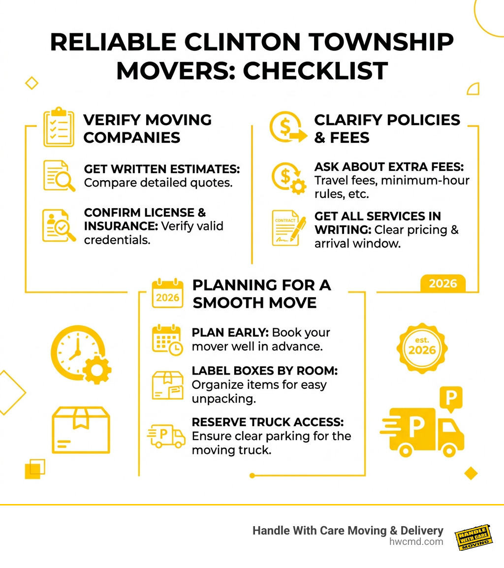 Checklist for choosing reliable Clinton Township movers infographic