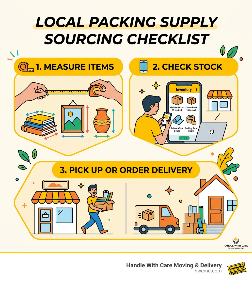 Local packing supply sourcing checklist: measure items, check stock, pick up or order delivery infographic Local packing supply sourcing checklist: measure items, check stock, pick up or order delivery infographic