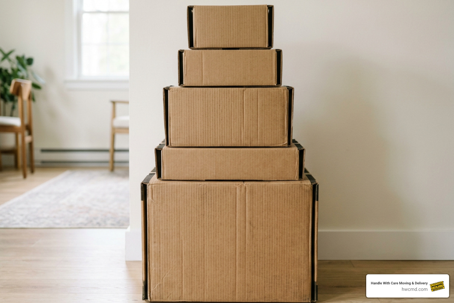 Stack of sturdy corrugated moving boxes organized by size Stack of sturdy corrugated moving boxes organized by size