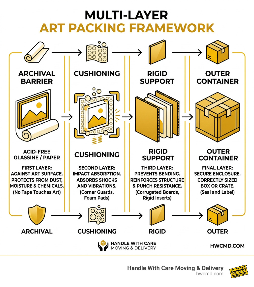 Multi-layer art packing framework: archival barrier, cushioning, rigid support, outer container infographic
