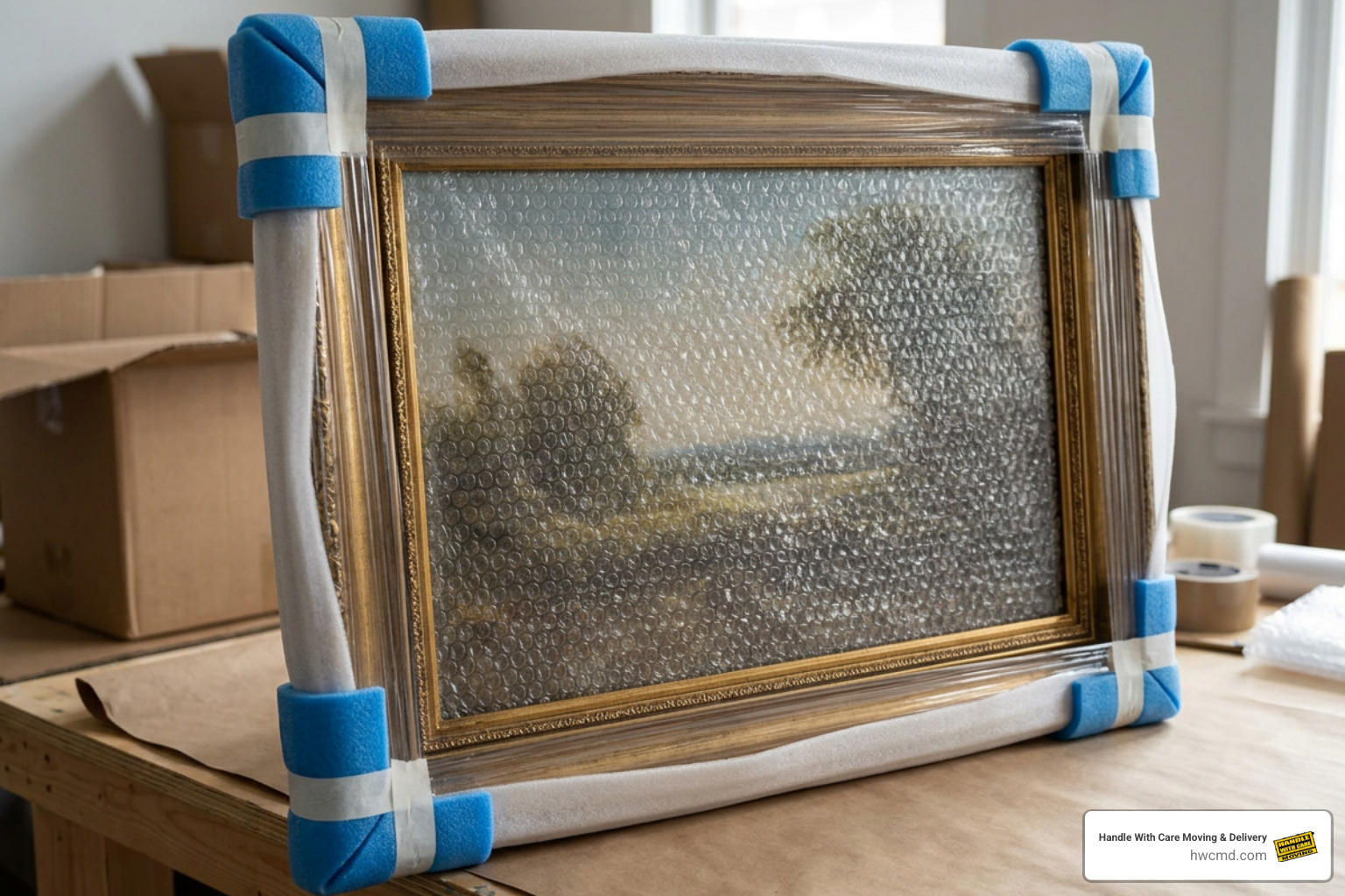 Framed painting fitted with foam corner protectors and layered cushioning