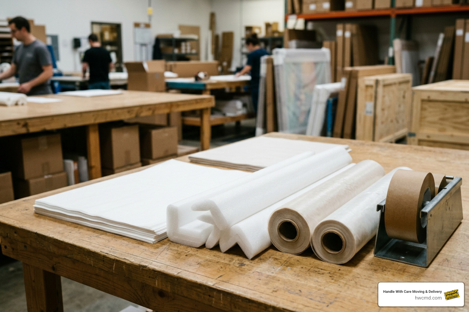 Archival materials, glassine paper rolls, and edge guards laid out on a packing table
