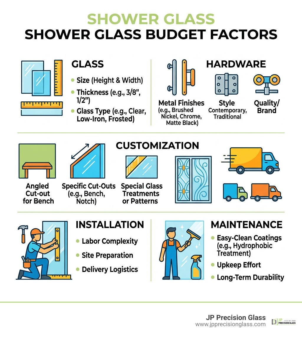 Shower glass budget factors: glass, hardware, customization, installation, and maintenance infographic Shower glass budget factors: glass, hardware, customization, installation, and maintenance infographic