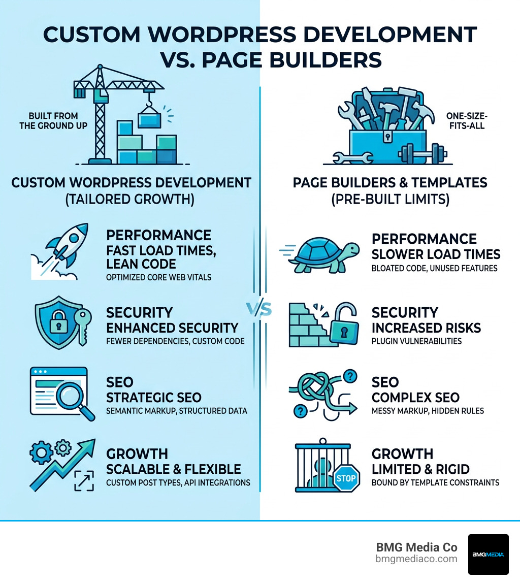 Custom WordPress development versus page builder comparison infographic