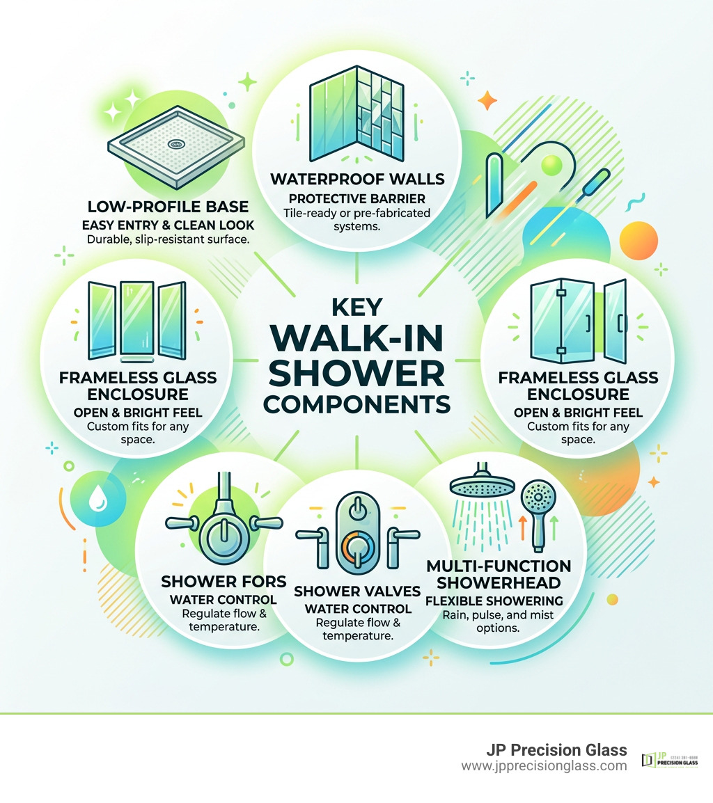 Walk-in shower components: base walls glass enclosure valves and showerhead infographic Walk-in shower components: base walls glass enclosure valves and showerhead infographic