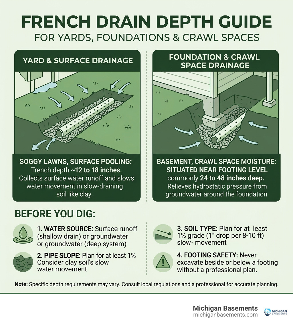 French drain depth guide for yards foundations and crawl spaces infographic French drain depth guide for yards foundations and crawl spaces infographic