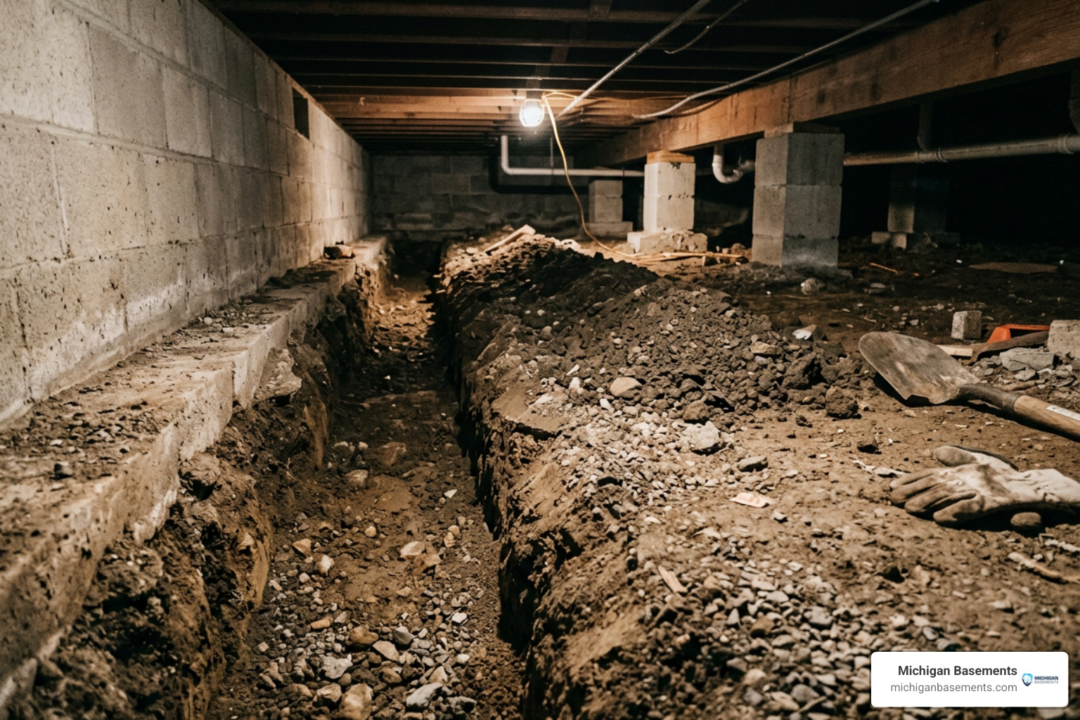 Interior crawl space French drain trench Interior crawl space French drain trench